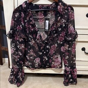 Nasty Gal Black Sheer Blouse with Pink Floral Print